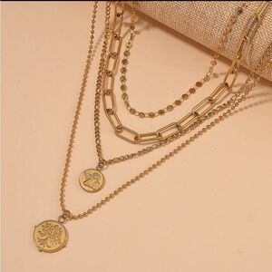 4 chain coin Gold Layered Necklace Set in 18k Ion Plated Gold